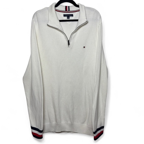Tommy Hilfiger XXL White Quarter Zip Sweater Waffle Knit Red Blue Trim - Picture 1 of 7